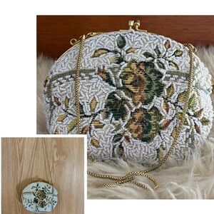 Vintage Handmade Beaded Floral Evening Satchel Bag with Gold Chain Strap